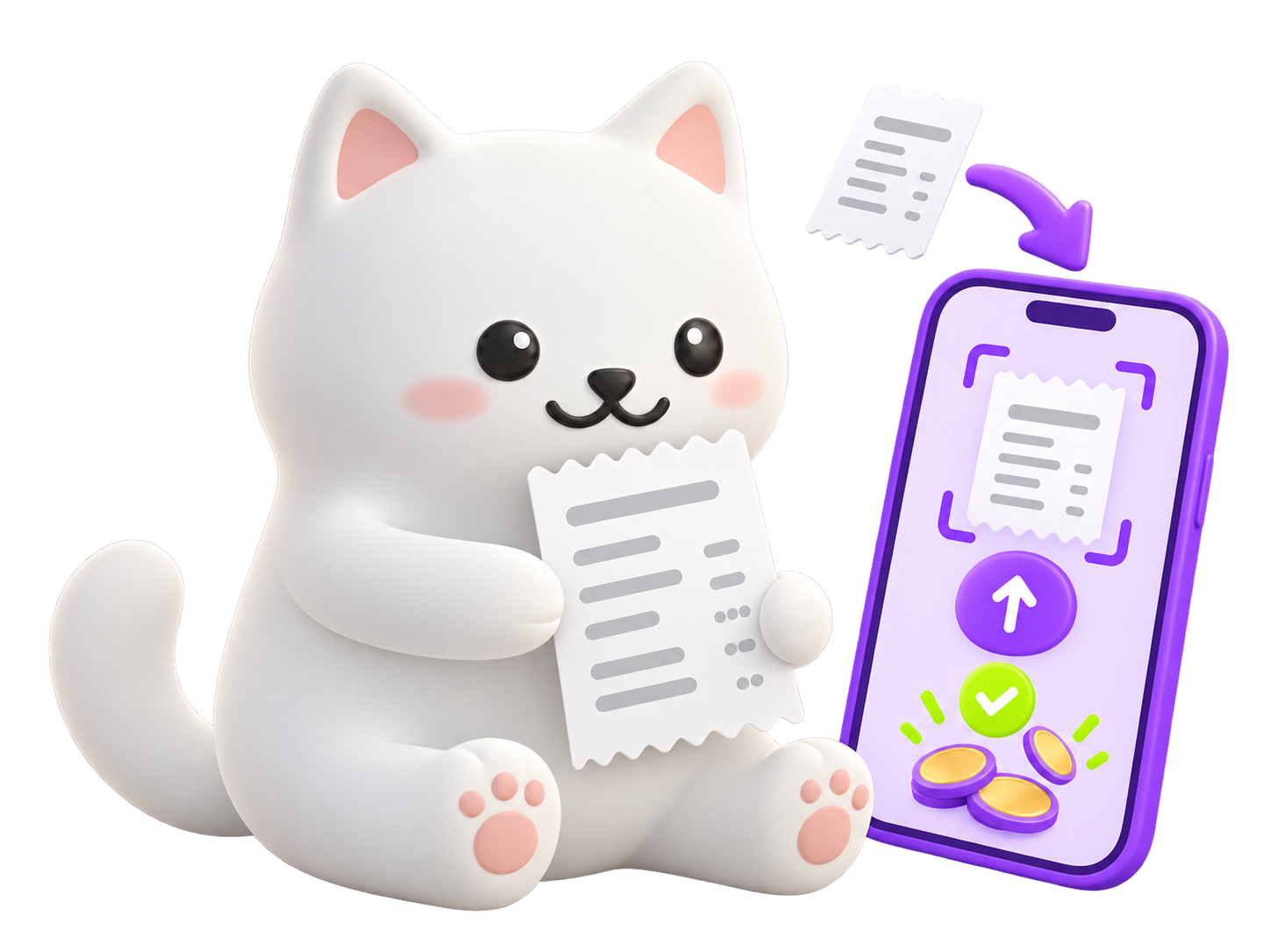 The SideUp cat holding a receipt next to a phone